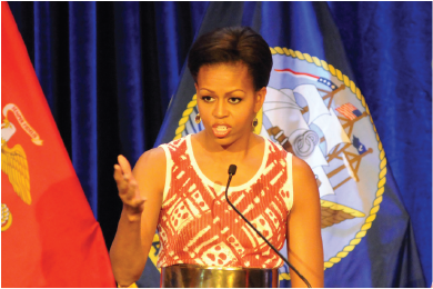 Picture of Michelle Obama giving a speech.